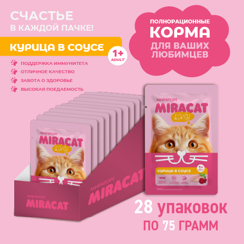 Изображение товара Влажный корм для кошек Мираторг Miracat Для взрослых кошек всех пород с курицей (28x75г)