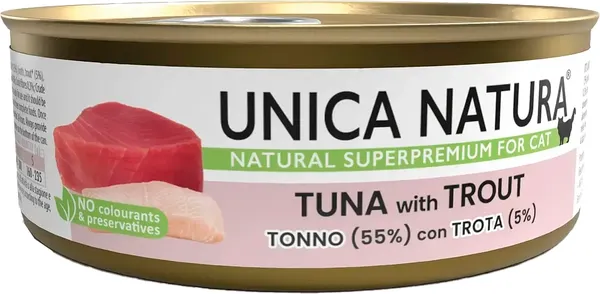 Изображение товара Влажный корм для кошек Unica Natura тунец с форелью (70г)