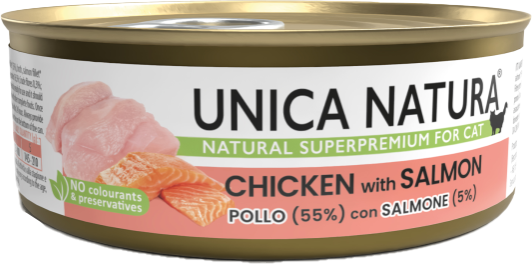 Изображение товара Влажный корм для кошек Unica Natura курица с лососем (70г)