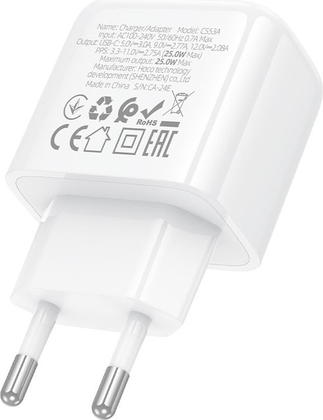 Изображение товара Адаптер питания сетевой Hoco CS53A Surplus 25W 3A (PD) USB Type-C / 31488 (белый)