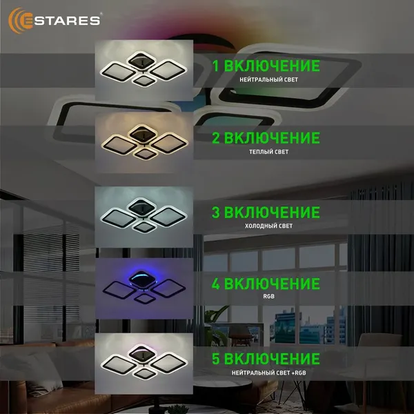Изображение товара Люстра Estares Oval RGB 65W 4S1R-RC-600x445x95-BLACK/WHITE-220-IP20