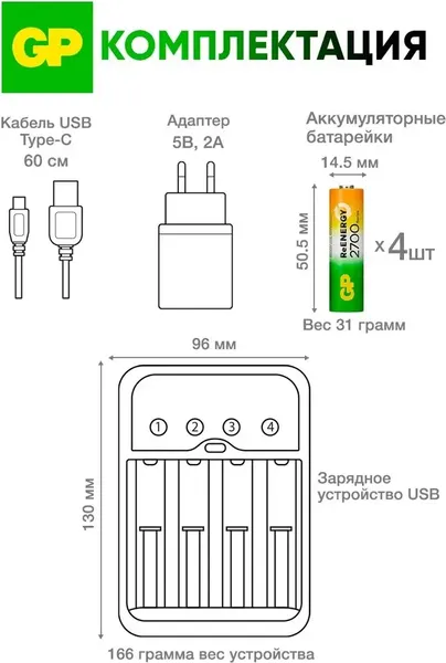 Изображение товара Зарядное устройство для аккумуляторов GP Batteries Ultimate Rechargeable + ЗУ / 270AAHCMHSPBA-2CR (4шт)