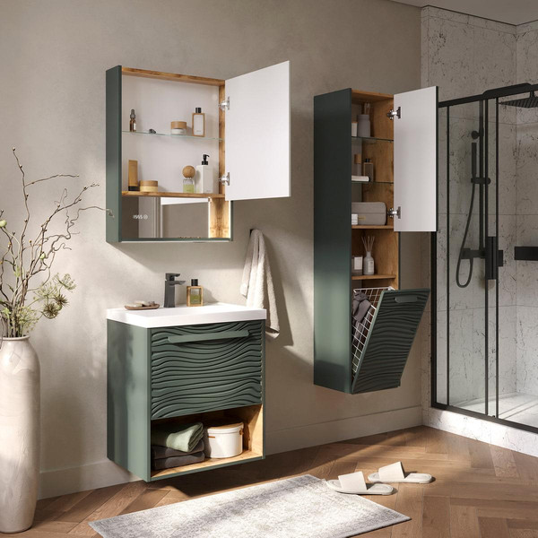 Изображение товара Шкаф с зеркалом для ванной EQUIL Gleam 60.1D (зеленый камень/дуб вотан)