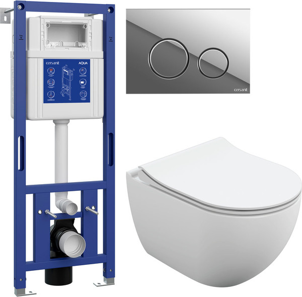 Изображение товара Унитаз подвесной с инсталляцией Cersanit Brasko Slim 64824 + Aqua M 40 68177 с кнопкой Twins 63523 (кнопка хром глянцевый)
