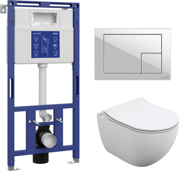 Изображение товара Унитаз подвесной с инсталляцией Cersanit Brasko Slim 64824 + Aqua Prime М 50 68179 с кнопкой Corner 64077 (кнопка белый)