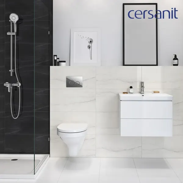 Изображение товара Унитаз подвесной с инсталляцией Cersanit Brasko Slim 64824 + Aqua Prime М 50 68179 с кнопкой Corner 64077 (кнопка белый)