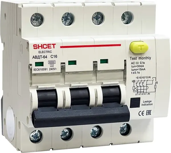 Изображение товара Дифференциальный автомат SHCET АВДТ64 3Р+N 32А 300мА 6кА тип АС / S0003343