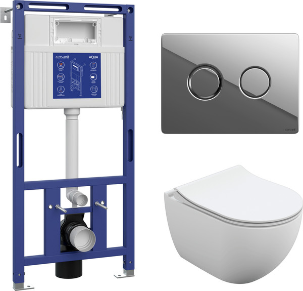 Изображение товара Унитаз подвесной с инсталляцией Cersanit Brasko Slim 64824 + Aqua 50 68178 +Accento Circle для Aqua 69074 (кнопка хром глянец)