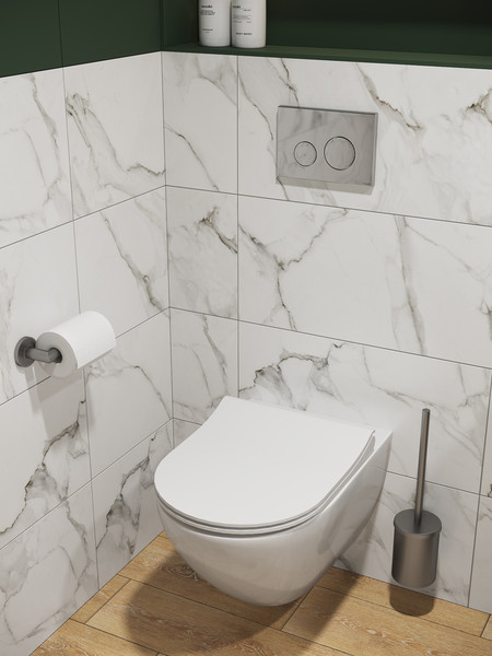 Изображение товара Унитаз подвесной с инсталляцией Cersanit Brasko Slim 64824 + Aqua 50 68178 +Accento Circle для Aqua 69083 (кнопка золото глянец)