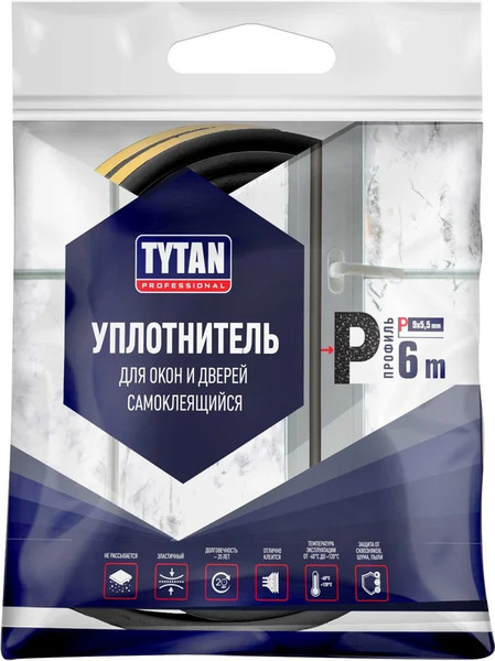 Изображение товара Уплотнитель Tytan Professional Для окон и дверей Р 9x5.5мм (6м, черный)
