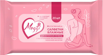 Изображение товара Влажные салфетки для интимной гигиены Meggi с растительными экстрактами и молочной кислотой (20шт)