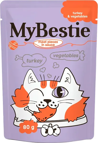 Изображение товара Влажный корм для кошек MyBestie Мясные Кусочки Индейка в соусе с Овощами / 161521388/CAT (80г)