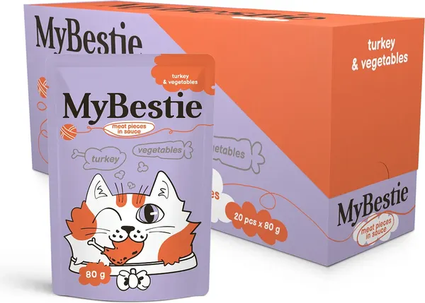 Изображение товара Влажный корм для кошек MyBestie Мясные Кусочки Индейка в соусе с Овощами / 161521388/CAT (80г)