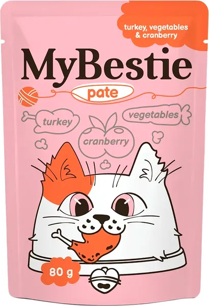 Изображение товара Влажный корм для кошек MyBestie Паштет с мясом Индейки, Овощами и Клюквой / 161521385/CAT (80г)