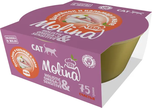 Изображение товара Влажный корм для кошек Molina Цыпленок и кальмар в желе (75г)