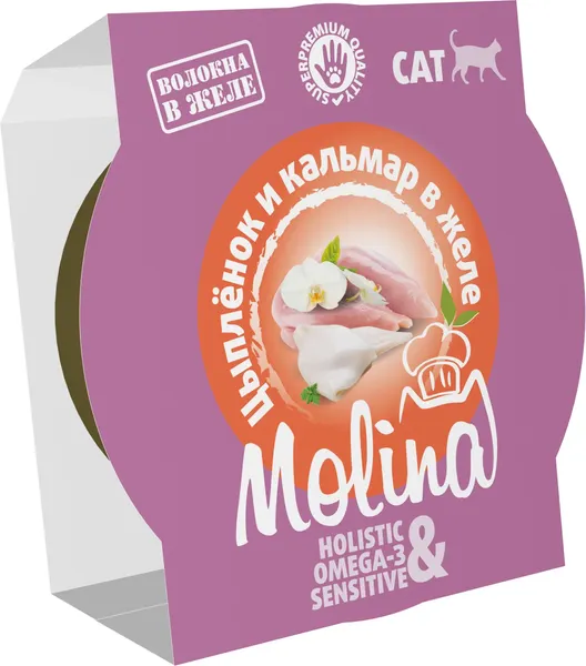 Изображение товара Влажный корм для кошек Molina Цыпленок и кальмар в желе (75г)