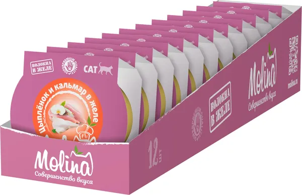 Изображение товара Влажный корм для кошек Molina Цыпленок и кальмар в желе (75г)