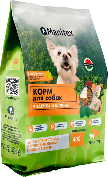 Изображение товара Сухой корм для собак Manitex Sensitive Для мелких пород c чувс. пищ. индейка/шпинат/пробиотик (400г)