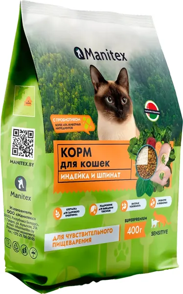 Изображение товара Сухой корм для кошек Manitex Sensitive Для взрослых c чувс. пищ. индейка/шпинат/пробиотик (400г)