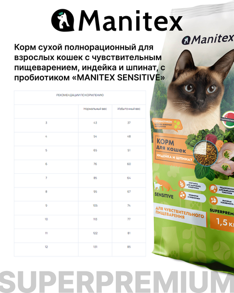 Изображение товара Сухой корм для кошек Manitex Sensitive Для взрослых c чувс. пищ. индейка/шпинат/пробиотик (400г)