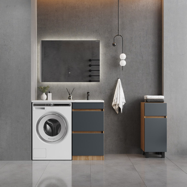 Изображение товара Шкаф-полупенал для ванной Onika Милтон 30 напольный / 403094 (серый/дуб сонома, правый)