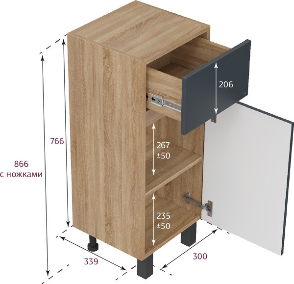 Изображение товара Шкаф-полупенал для ванной Onika Милтон 30 напольный / 403094 (серый/дуб сонома, правый)