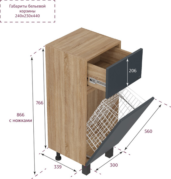 Изображение товара Шкаф-полупенал для ванной Onika Милтон 30 напольный / 403095 (серый/дуб сонома, с бельевой корзиной)