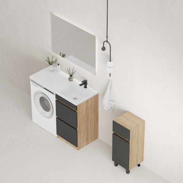 Изображение товара Шкаф-полупенал для ванной Onika Милтон 30 напольный / 403095 (серый/дуб сонома, с бельевой корзиной)