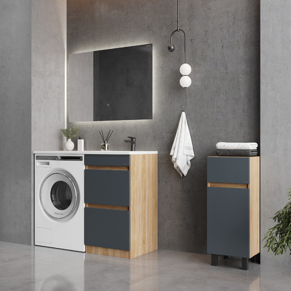 Изображение товара Шкаф-полупенал для ванной Onika Милтон 30 напольный / 403095 (серый/дуб сонома, с бельевой корзиной)