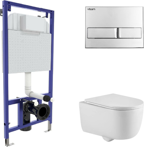 Изображение товара Унитаз подвесной с инсталляцией Berges Tornas Rimless + Visam Slim 525 / EX-043409 (с кнопкой, с сиденьем)