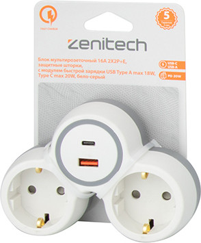 Изображение товара Блок розеточный Zenitech 16A 2X2P+E / 191907 (белый/серый)
