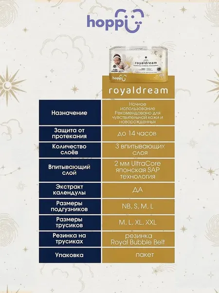 Изображение товара Подгузники-трусики детские Hoppi RoyalDream L 9-14кг / HB-041-L (38шт)