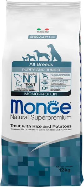 Изображение товара Сухой корм для собак Monge Speciality Line Monoprotein Для щенков Форель, рис и картофелем (12кг)