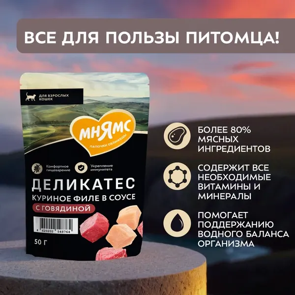 Изображение товара Влажный корм для кошек Мнямс Деликатес Куриное филе с говядиной в соусе / 548764 (50г)
