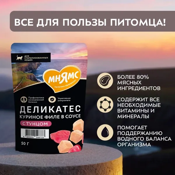 Изображение товара Влажный корм для кошек Мнямс Деликатес Куриное филе с тунцом в соусе / 548733 (50г)