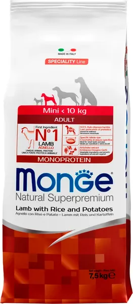 Изображение товара Сухой корм для собак Monge Speciality Line Monoprotein Mini Ягненок, рис с картофелем (7.5кг)