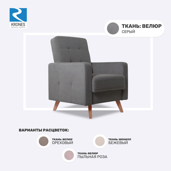 Изображение товара Кресло мягкое KRONES Тесей (велюр серый)