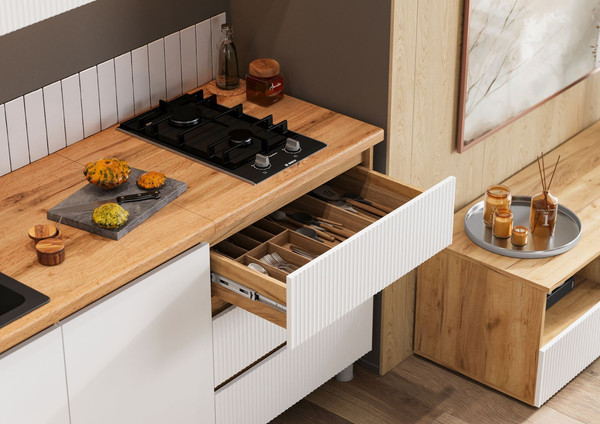 Изображение товара Кухонный гарнитур Стендмебель Хелен 1.7 (белый супермат, белый/дуб крафт золото)