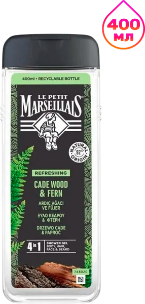 Изображение товара Шампунь-гель для душа Le Petit Marseillais Можжевельник и папоротник для мужчин 4в1 (400мл)
