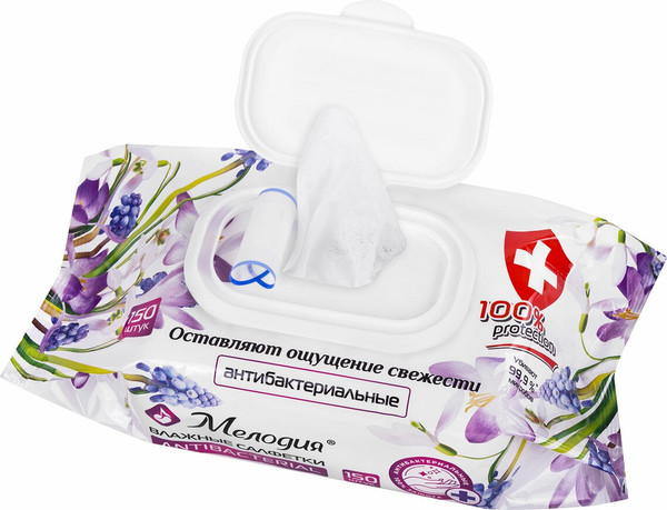 Изображение товара Влажные салфетки Мелодия Антибактериальные (150шт)