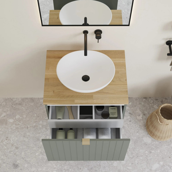 Изображение товара Тумба с умывальником Lauter Melisa 50 + 21652 (серо-зеленый п/мат, три ручки в комплекте + столешница из цельного дуба Melisa 50)