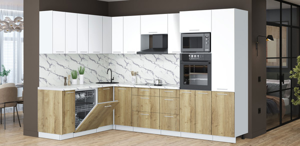 Изображение товара Кухонный гарнитур Interline Мила Лайт 1.896х2.98  (белый платинум/дуб золотой/белый гранит)