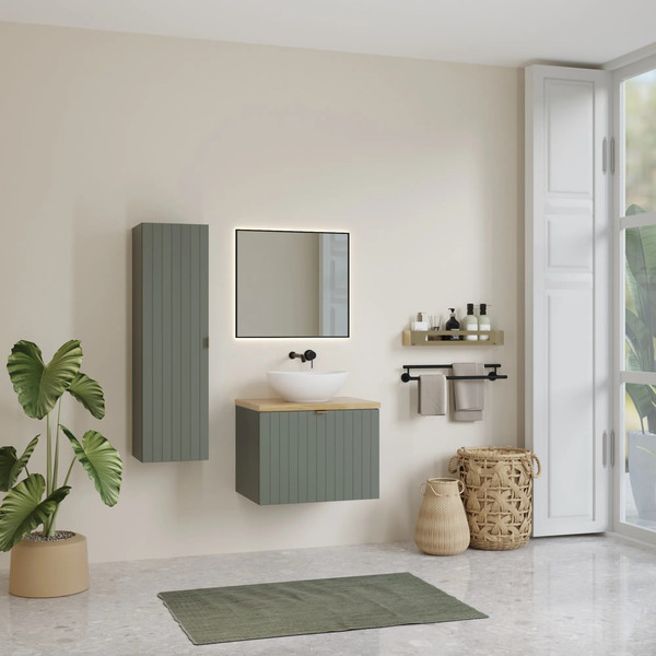 Изображение товара Тумба с умывальником Lauter Melisa 60 + 21652 (серо-зеленый п/мат, три ручки в комплекте + столешница текстура камня, черный Melisa 60)