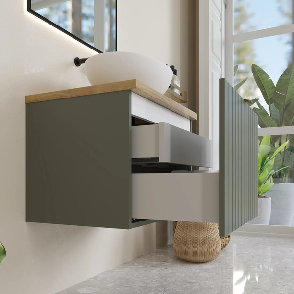 Изображение товара Тумба с умывальником Lauter Melisa 60 + 21652 (серо-зеленый п/мат, три ручки в комплекте + столешница текстура камня, черный Melisa 60)