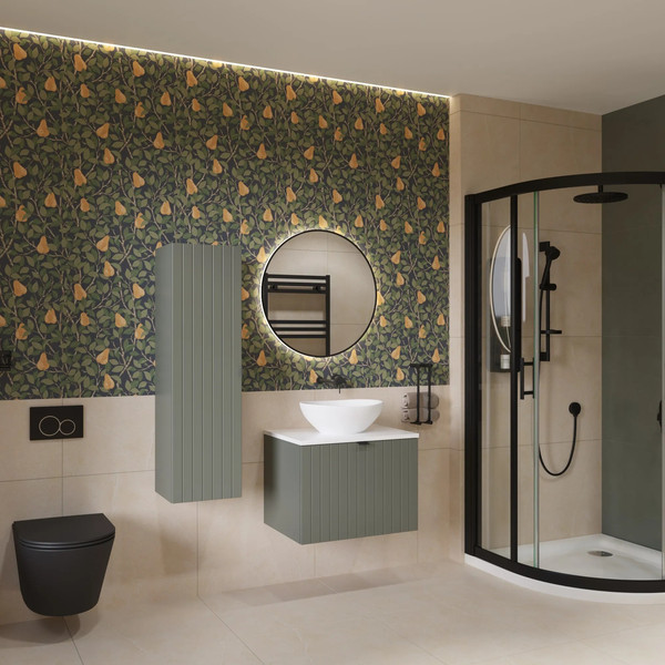 Изображение товара Тумба с умывальником Lauter Melisa 60 + 21652 (серо-зеленый п/мат, три ручки в комплекте + столешница текстура камня, черный Melisa 60)