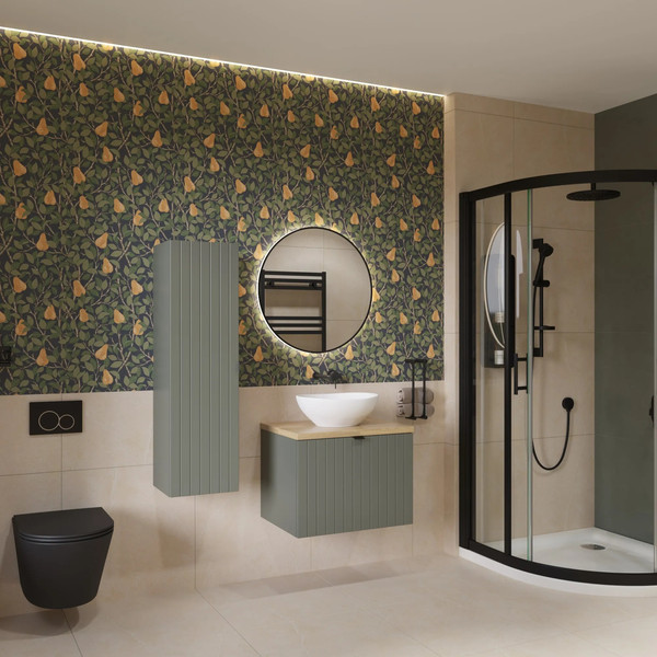 Изображение товара Тумба с умывальником Lauter Melisa 60 + 21652 (серо-зеленый п/мат, три ручки в комплекте + столешница текстура камня, черный Melisa 60)