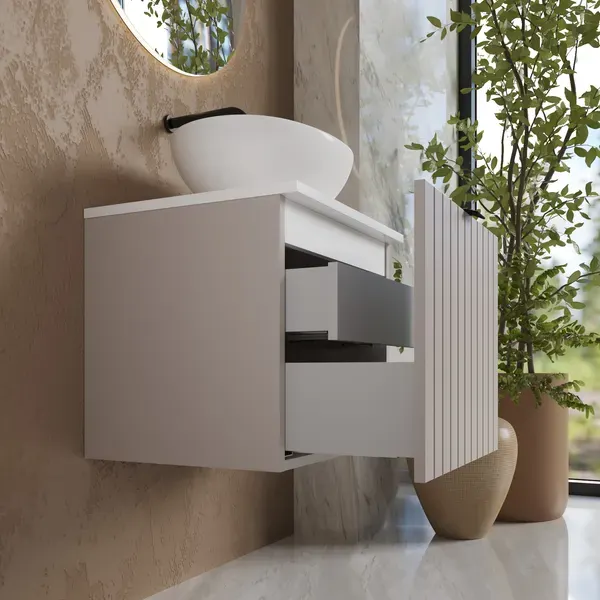 Изображение товара Тумба с умывальником Lauter Melisa 50 + 21652 (кашемир п/мат, три ручки в комплекте + столешница из цельного дуба Melisa 50)