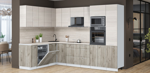 Изображение товара Кухонный гарнитур Interline Мила Лайт 1.896х2.98 (вудлайн кремовый/дуб серый/травертин серый)