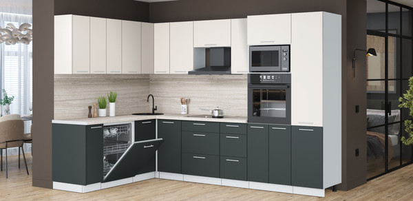 Изображение товара Кухонный гарнитур Interline Мила Лайт 1.896х2.98 (персидский жемчуг/антрацит/травертин серый)