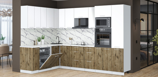 Изображение товара Кухонный гарнитур Interline Мила Лайт 1.896х2.98 (белый платинум/дуб веллингтон/белый гранит)